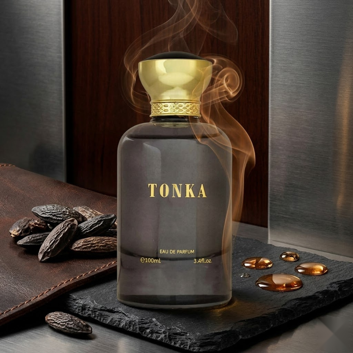 "Bharara Beauty Tonka for Men EDP Spray 3.4oz / 100ml gray perfume bottle displayed on a wooden table."