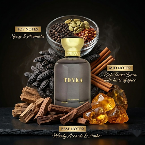 "Bharara Beauty Tonka for Men perfume bottle surrounded by spices, nuts and fragrance ingredients."