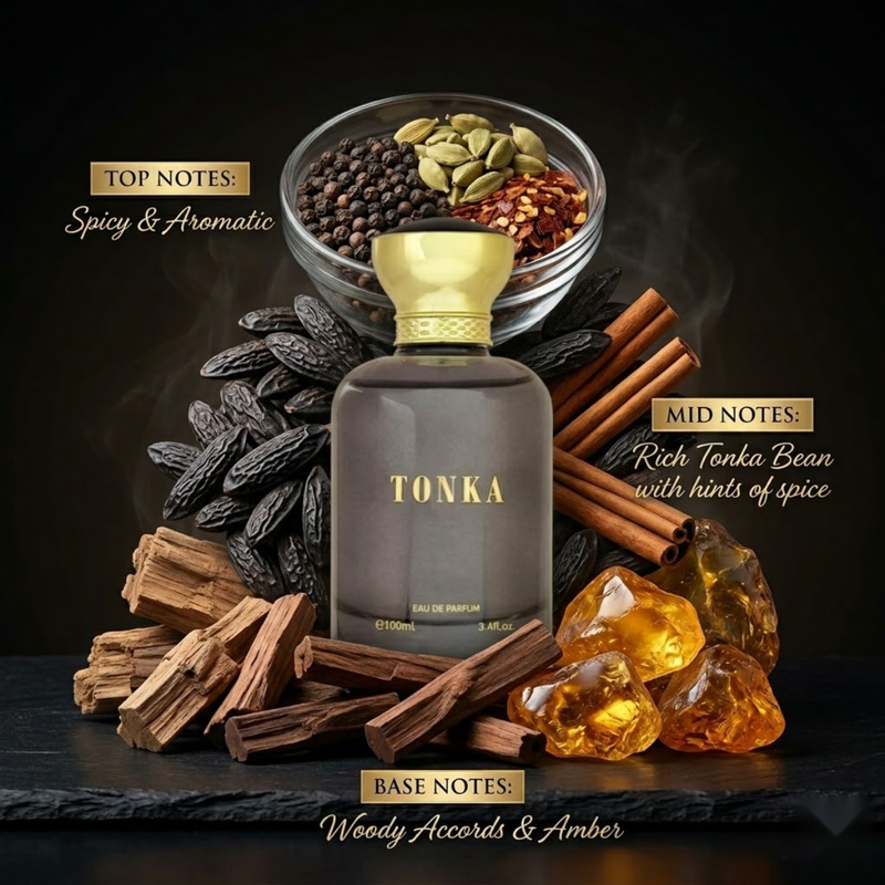 "Bharara Beauty Tonka for Men perfume bottle surrounded by spices, nuts and fragrance ingredients."