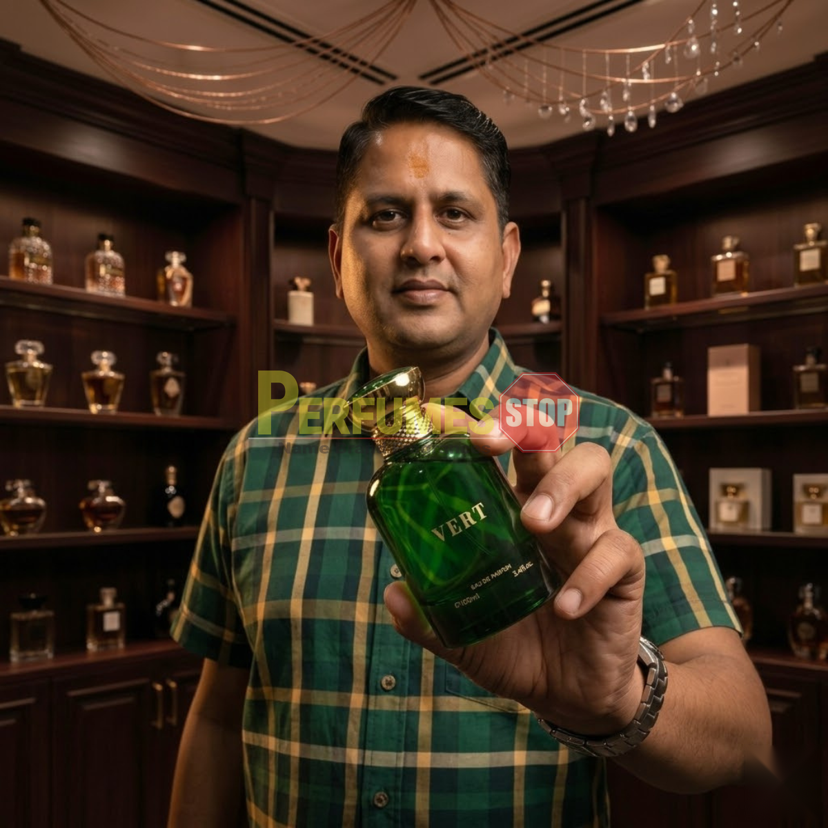 "Perfumes Stop owner holding a bottle of Bharara Beauty Vert for Men EDP Spray 3.4oz / 100ml."