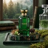"Bharara Beauty Vert for Men EDP Spray 3.4oz / 100ml green perfume bottle displayed outdoors."