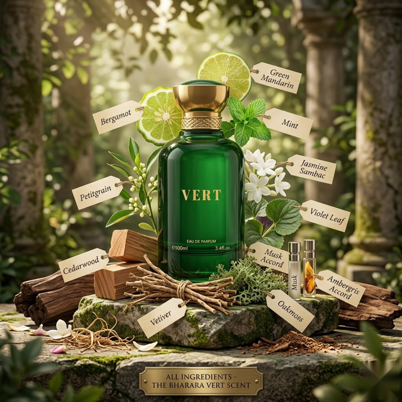 "Bharara Beauty Vert for Men perfume bottle surrounded by green foliage and fragrance ingredients."