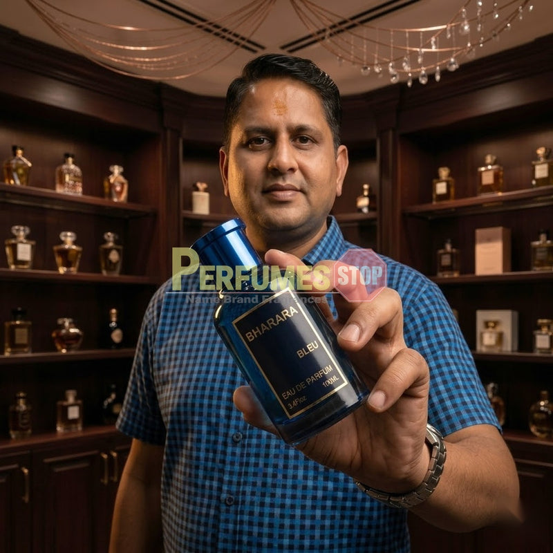 "Perfumes Stop owner holding a bottle of Bharara Bleu EDP Spray 100ml."