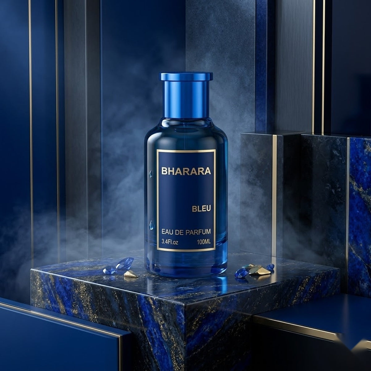 "Bharara Bleu EDP Spray 100ml blue perfume bottle displayed against a dark blue background."