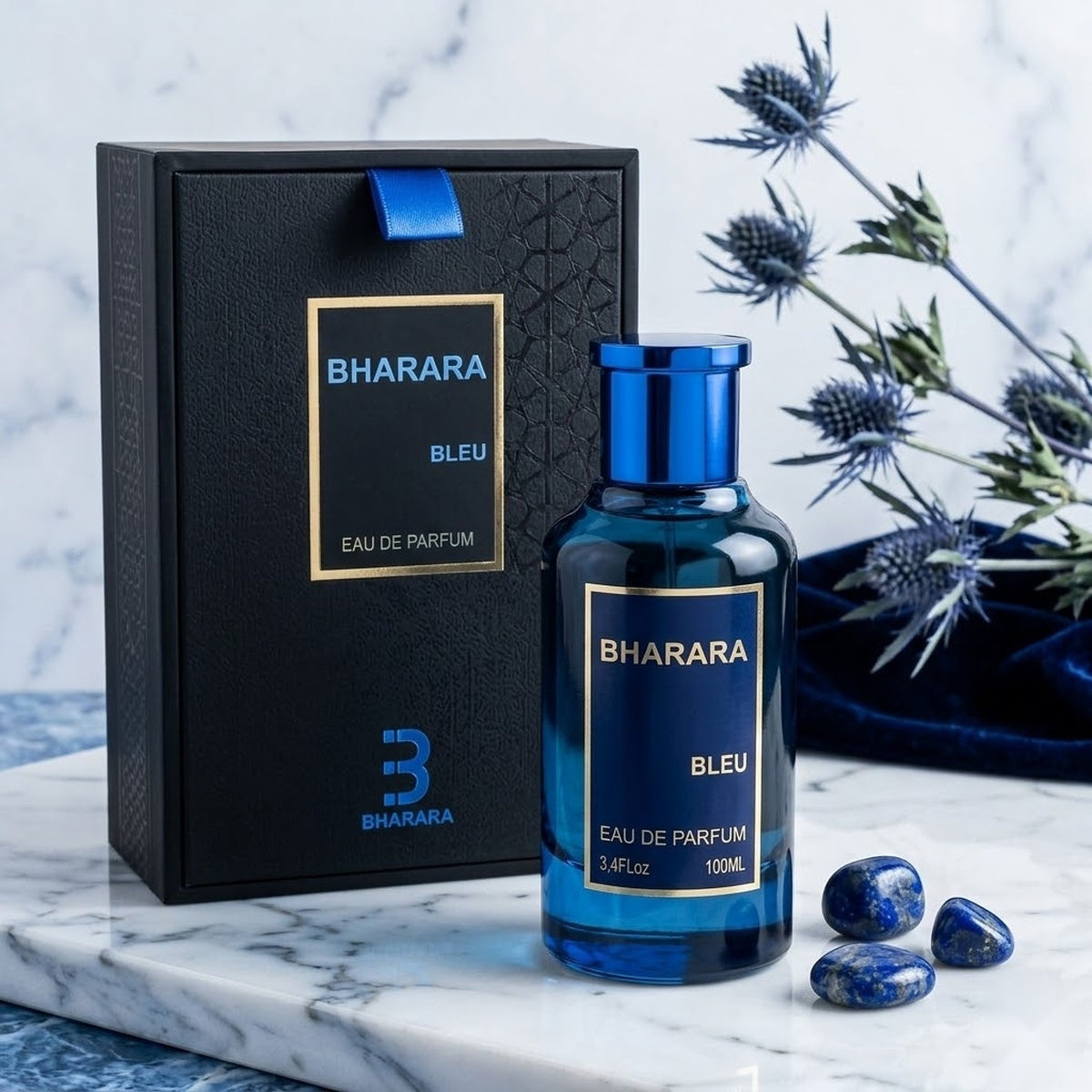 "Bharara Bleu EDP Spray 100ml blue perfume bottle and black branded box."