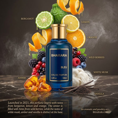 "Bharara Bleu perfume bottle surrounded by citrus fruits and aromatic fragrance ingredients."