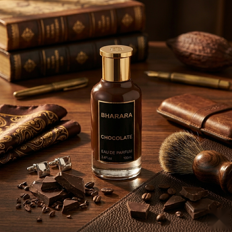 "Bharara Chocolate EDP Spray 100ml for Men perfume bottle displayed with chocolate and wooden accessories."