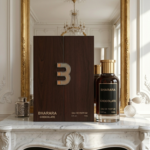 "Bharara Chocolate EDP Spray 100ml for Men brown perfume box and perfume bottle."