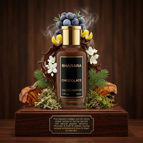 "Bharara Chocolate perfume bottle surrounded by chocolate, fruits and fragrance ingredients."