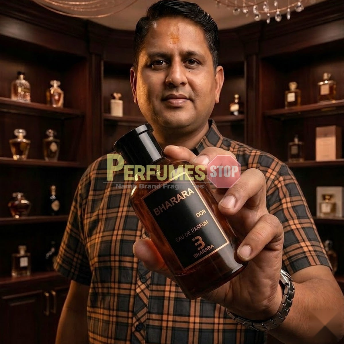 "Perfumes Stop owner holding a bottle of Bharara DON Eau de Parfum"