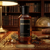 "A black perfume bottle labeled 'DON' by Bharara, with a dark cap and rectangular label, set against a dramatic background of books, wooden shelves, and warm golden lighting."