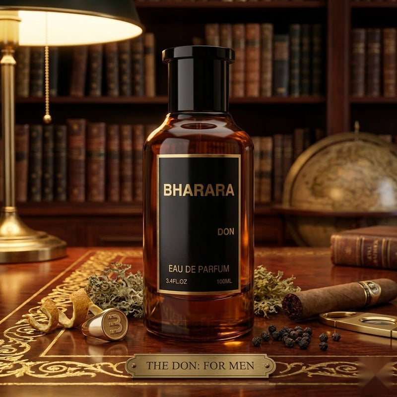 "A black perfume bottle labeled 'DON' by Bharara, with a dark cap and rectangular label, set against a dramatic background of books, wooden shelves, and warm golden lighting."