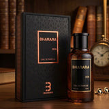 "A bottle of Bharara DON Eau de Parfum with its matching black packaging box, featuring a simple rectangular design, set against a dark, elegant background with warm golden lighting."