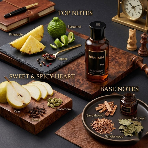 "A perfume bottle labeled 'DON' by Bharara, styled with pineapple, bergamot, pear, cloves, cardamom, pepper, patchouli, and sandalwood against a dramatic dark background with fruits, spices, and warm lighting."