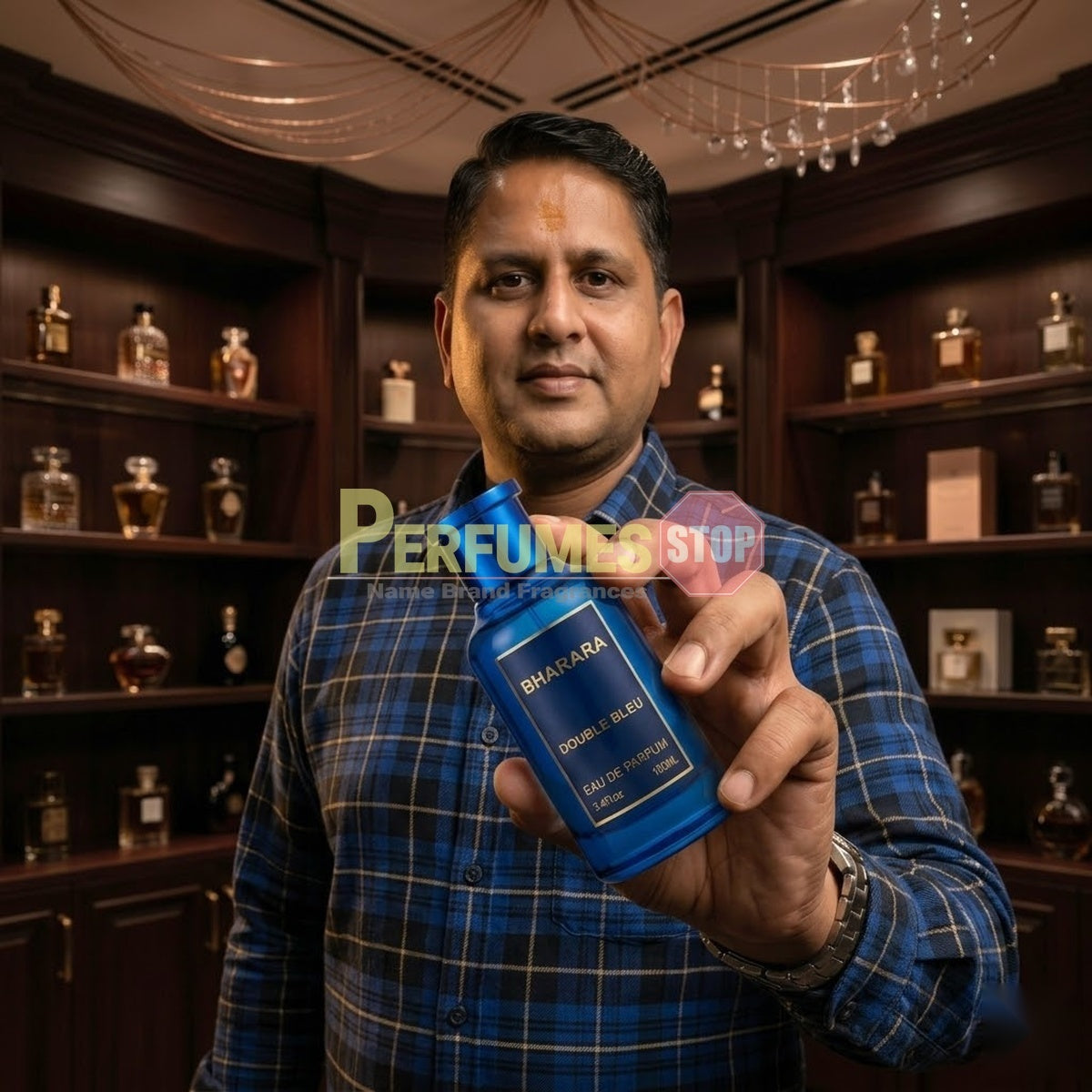 "Perfumes Stop owner holding a bottle of Bharara Double Bleu EDP Spray 100ml."