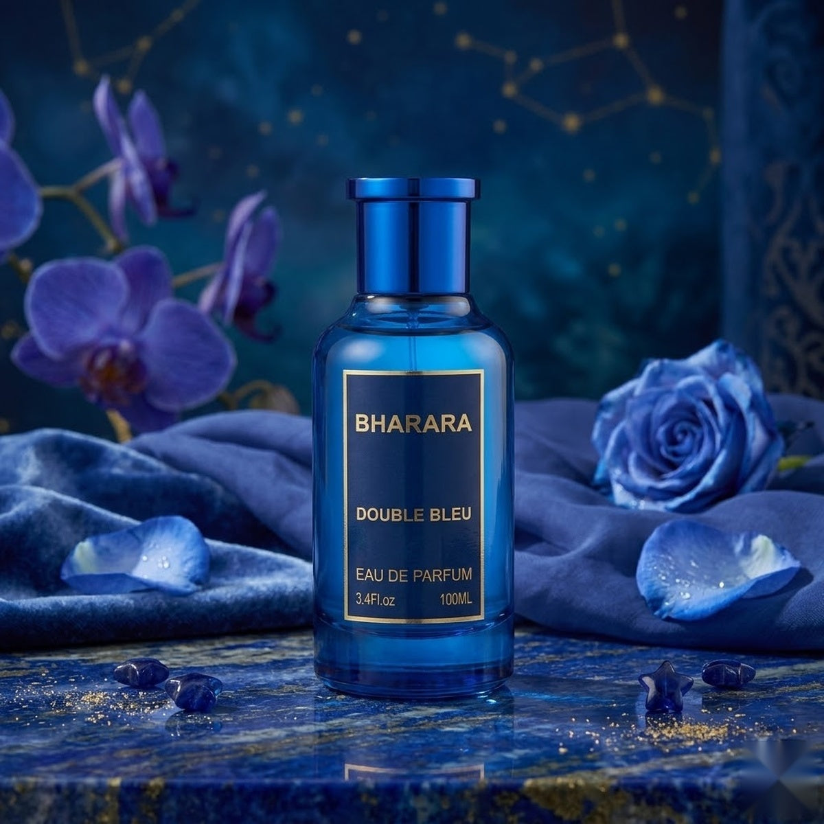 "Bharara Double Bleu EDP Spray 100ml blue perfume bottle displayed among blue flowers."
