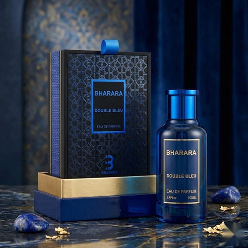 "Bharara Double Bleu EDP Spray 100ml blue perfume bottle and black branded box."
