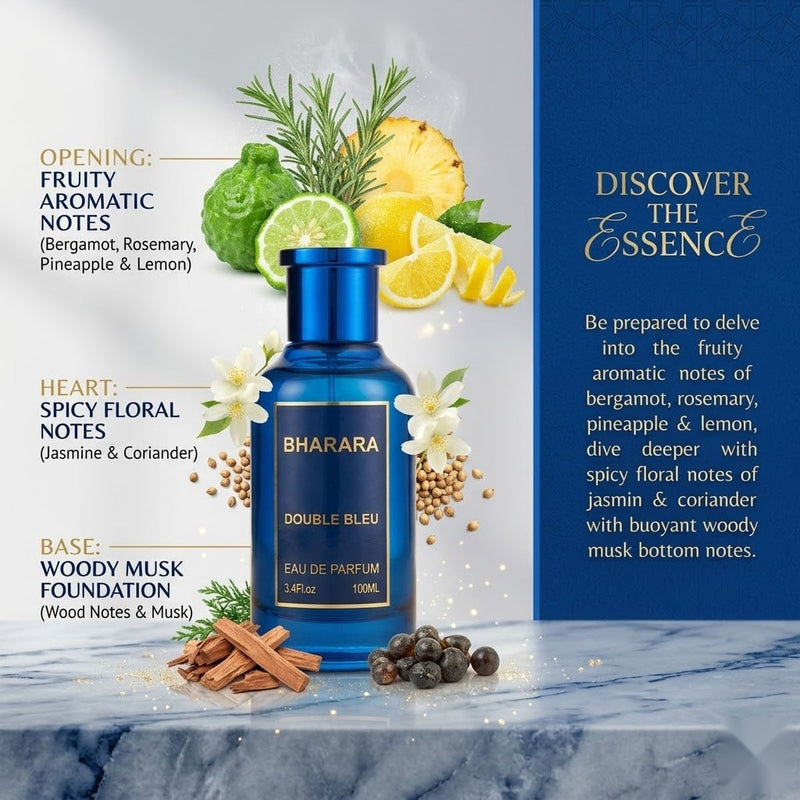 "Bharara Double Bleu perfume bottle surrounded by citrus fruits, flowers and fragrance ingredients."