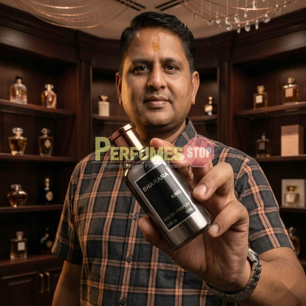 "Perfumes Stop owner holding a bottle of Bharara King Parfum Spray 100ml."