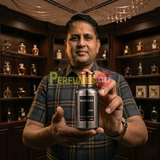 "Perfumes Stop owner holding a bottle of Bharara King Eau de Parfum"