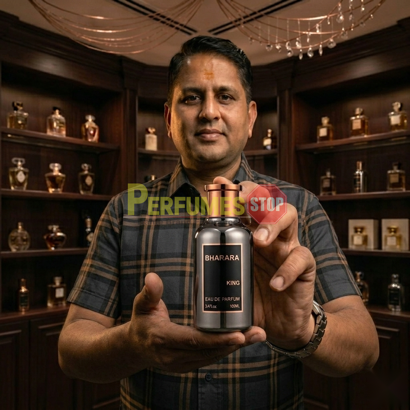 "Perfumes Stop owner holding a bottle of Bharara King Eau de Parfum"