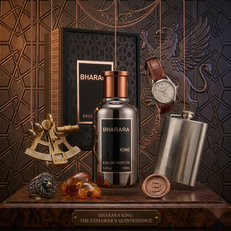 "A black perfume bottle labeled 'King' by Bharara, with a black cap and rectangular label, set against a dramatic dark background with wooden shelves, books, and warm golden lighting."