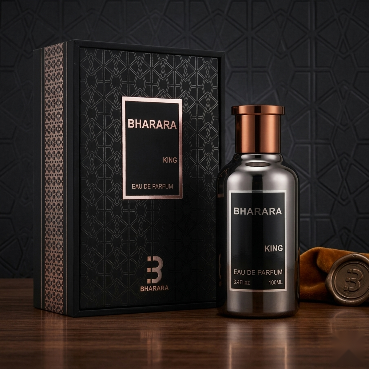 "A bottle of Bharara King Eau de Parfum with its matching black packaging box, featuring a simple rectangular design, set against a dark, elegant background with warm golden lighting."