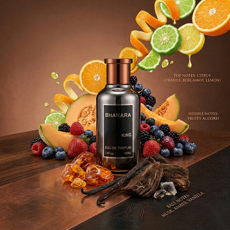 "A perfume bottle labeled 'King' by Bharara, styled with orange, bergamot, lemon, grapefruit, fruity notes, amber, vanilla, and other fragrance ingredients against a warm brown background with citrus fruits, berries, and spices."