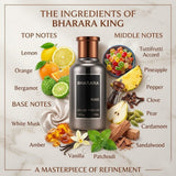 "Bharara King perfume bottle surrounded by citrus fruits, spices and fragrance ingredients."