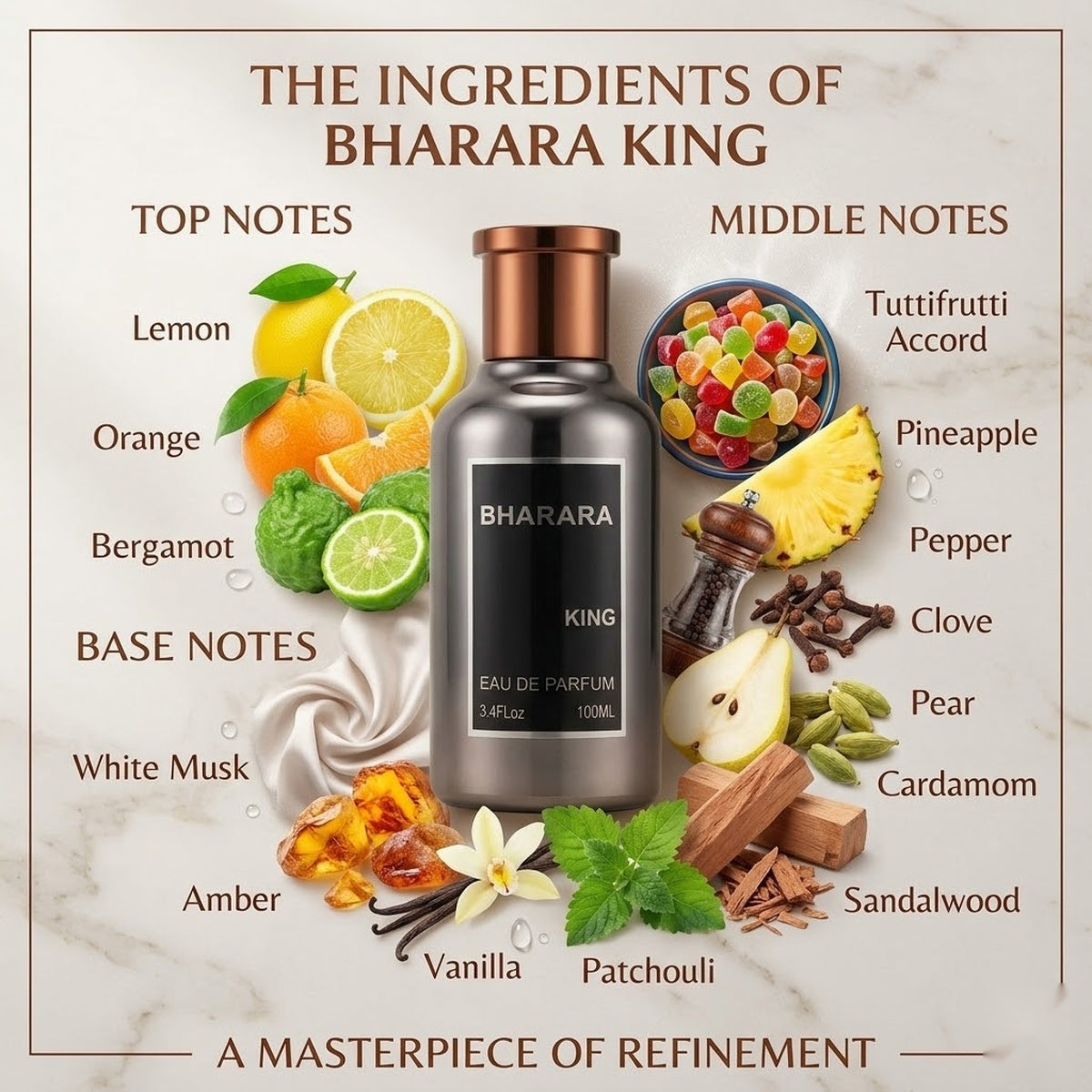 "Bharara King perfume bottle surrounded by citrus fruits, spices and fragrance ingredients."
