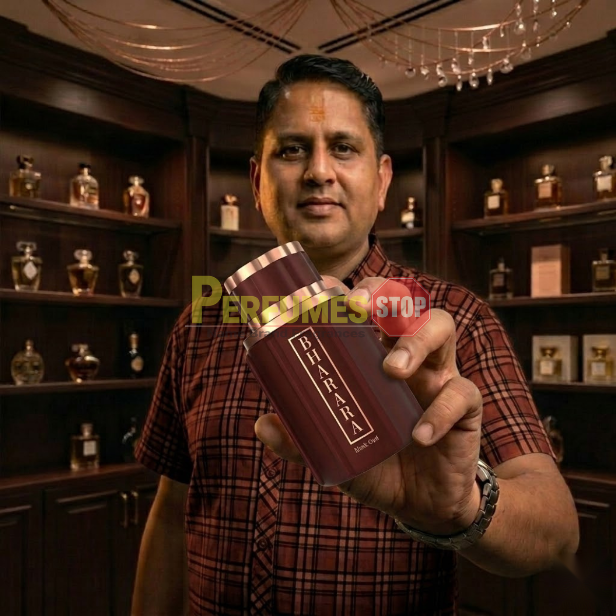 "Perfumes Stop owner holding a bottle of Bharara Musk Oud EDP Spray 3.4oz / 100ml for Men.