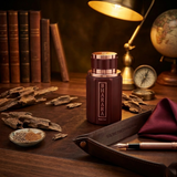 "Bharara Musk Oud EDP Spray 3.4oz / 100ml for Men perfume bottle displayed on a wooden table."