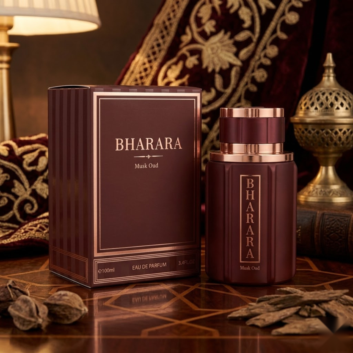 "Bharara Musk Oud EDP Spray 3.4oz / 100ml for Men perfume bottle and maroon branded box."