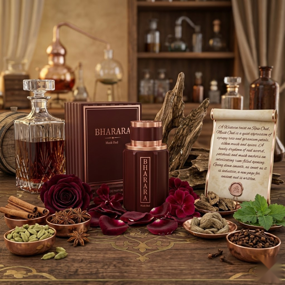 "Bharara Musk Oud perfume bottle displayed with rose petals, fragrance ingredients and decorative perfume bottles."