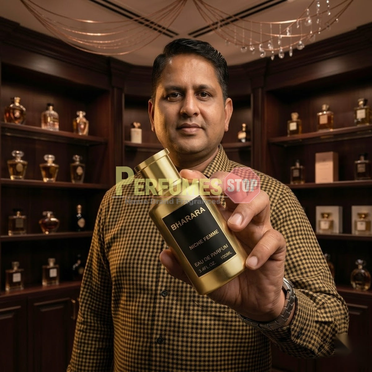 "Perfumes Stop owner holding a bottle of Bharara Niche Femme EDP Spray 100ml."