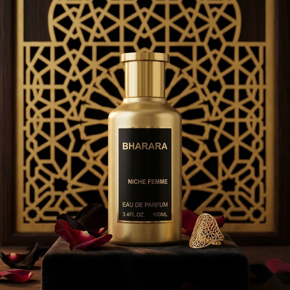 "Bharara Niche Femme EDP Spray 100ml perfume bottle displayed against a decorative gold background."