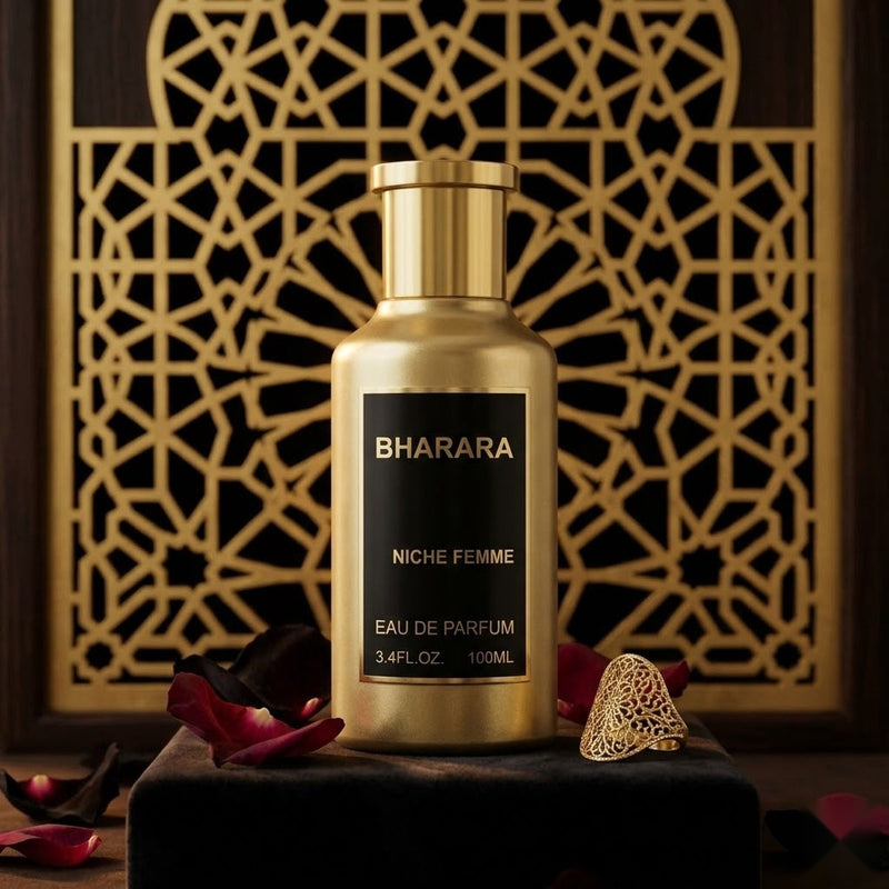 "Bharara Niche Femme EDP Spray 100ml perfume bottle displayed against a decorative gold background."