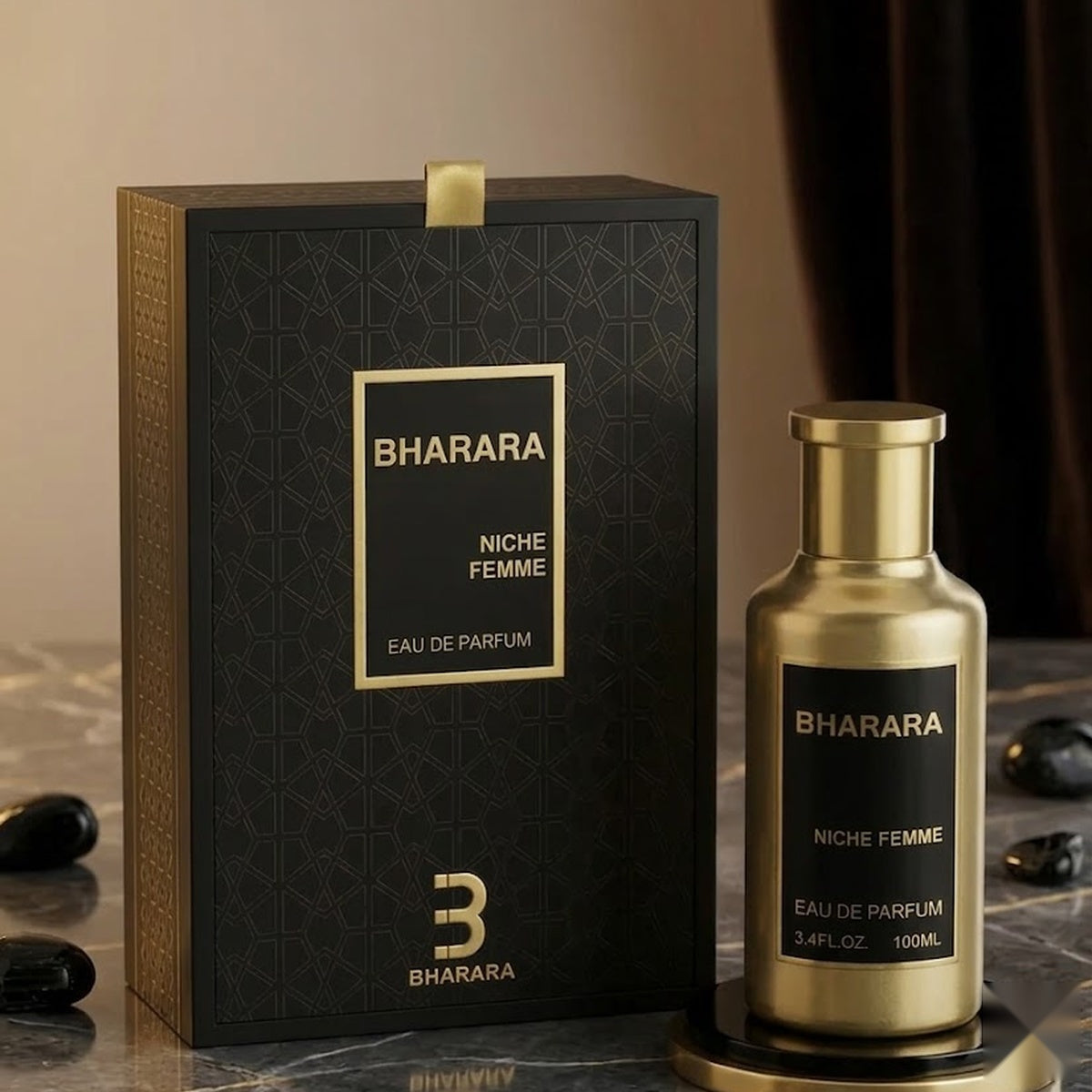 "Bharara Niche Femme EDP Spray 100ml perfume bottle and black branded box."