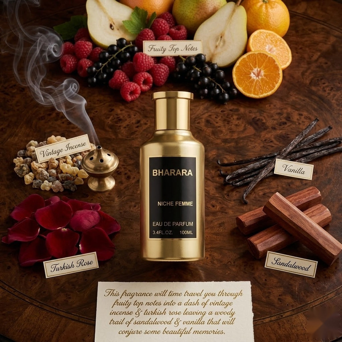"Bharara Niche Femme perfume bottle surrounded by fruits, flowers and fragrance ingredients."