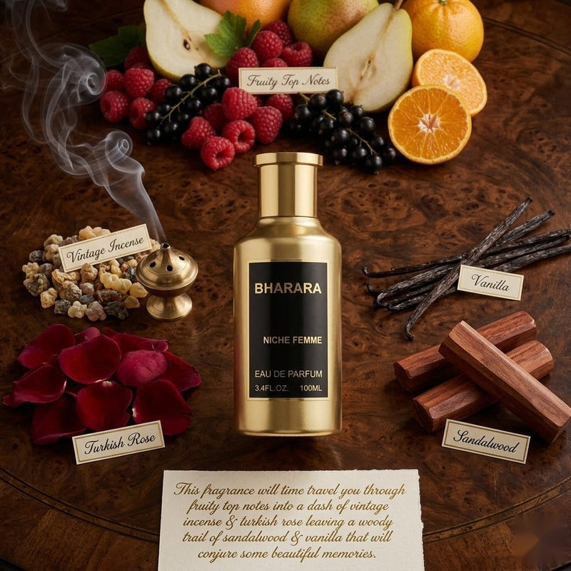 "Bharara Niche Femme perfume bottle surrounded by fruits, flowers and fragrance ingredients."