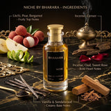 "Bharara Niche perfume bottle surrounded by fruits and fragrance ingredients."