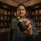 "Perfumes Stop owner holding a bottle of Bharara Noir Pour Homme EDP Spray 3.4oz/100ml for Men."