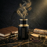 "Bharara Noir Pour Homme EDP Spray 3.4oz/100ml for Men black perfume bottle displayed with a smoky decorative background."