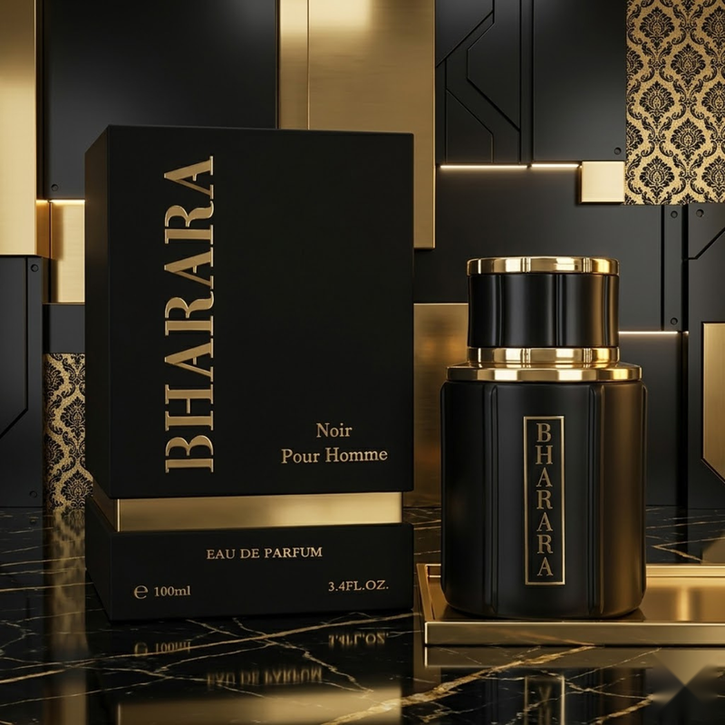 "Bharara Noir Pour Homme EDP Spray 3.4oz/100ml for Men black perfume bottle and branded box."