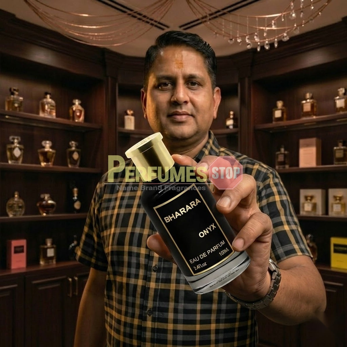 "Perfumes Stop owner holding a bottle of Bharara ONYX EDP Spray 3.4oz for Men."
