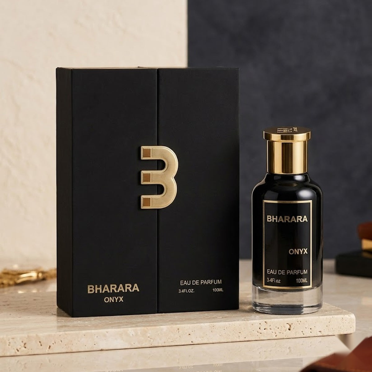 "Bharara ONYX EDP Spray 3.4oz for Men black perfume bottle and branded box."