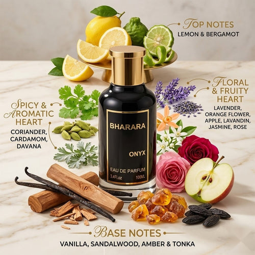 "Bharara ONYX perfume bottle surrounded by citrus fruits, spices and fragrance ingredients."