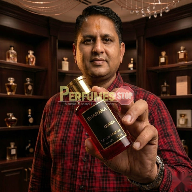 "Perfumes Stop owner holding a bottle of Bharara Queen EDP Spray 100ml."