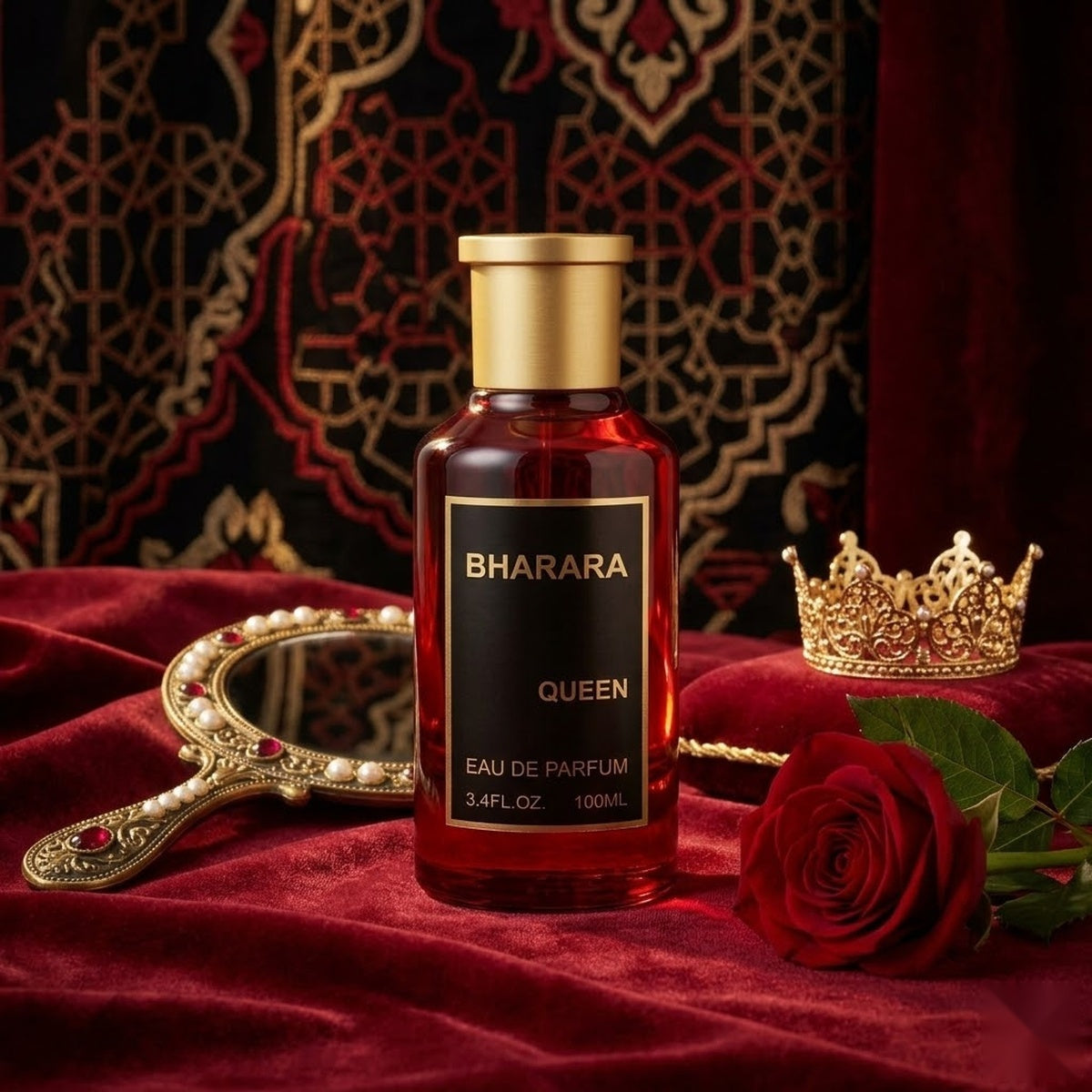 "Bharara Queen EDP Spray 100ml perfume bottle displayed against a red and gold decorative background."