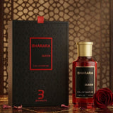 Bharara Queen EDP Spray 100ml perfume bottle and black branded box with a red rose."